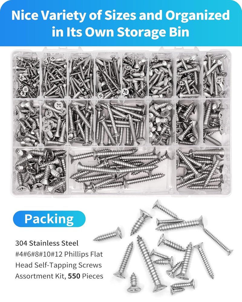 DIVANC 550Pcs 304 Stainless Steel Wood Screws Assortment Kit, Phillips Flat Head Sheet Metal Screw Self Tapping Screws Set, #4#6#8#10#12 Wood Assorted Screws, Length 1/4" to 1-1/2" (Flat Head 550PCS) - Image 5